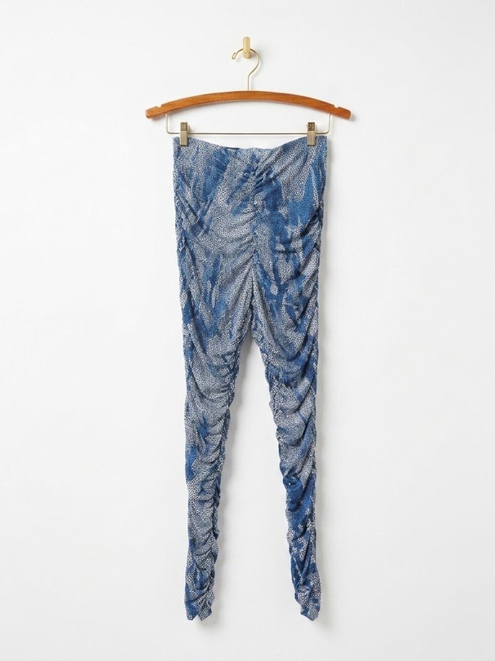 Sabora Ruched Leggings Size Medium Blue Print Gathered Stacking Skinny Pants